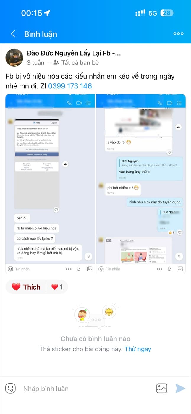 Ảnh chụp màn hình ca Facebook bị vô hiệu hóa được hỗ trợ mở lại thành công