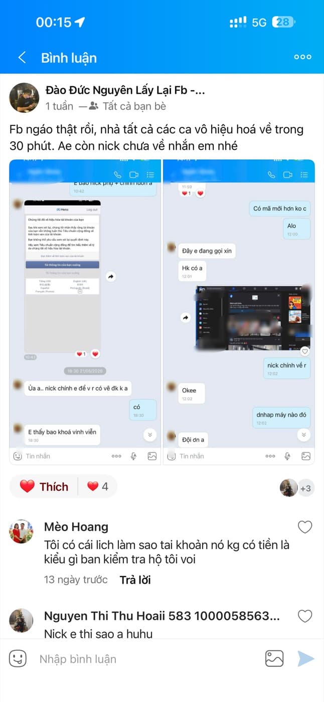 Ảnh chụp màn hình tin nhắn xác nhận tài khoản Facebook bị vô hiệu hóa đã về lại
