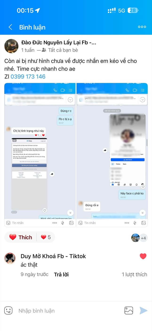 Ảnh chụp màn hình ca tài khoản Facebook chính chủ được mở lại sau khi bị khóa